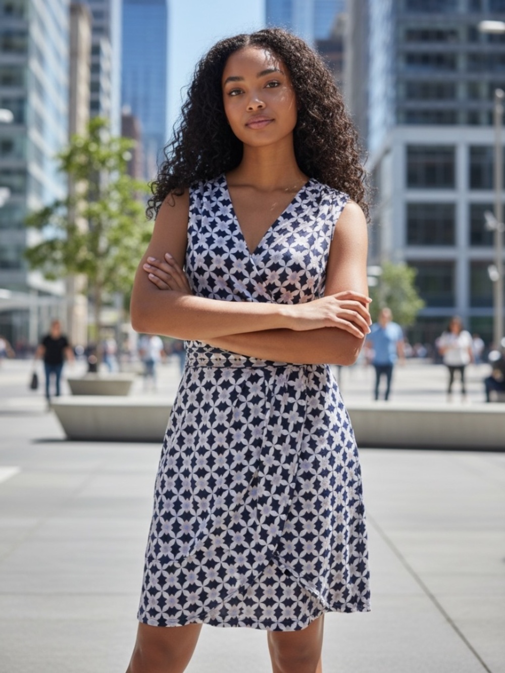 🤩 H&M Navy and White Geometric Pattern Faux Wrap Dress - size 8